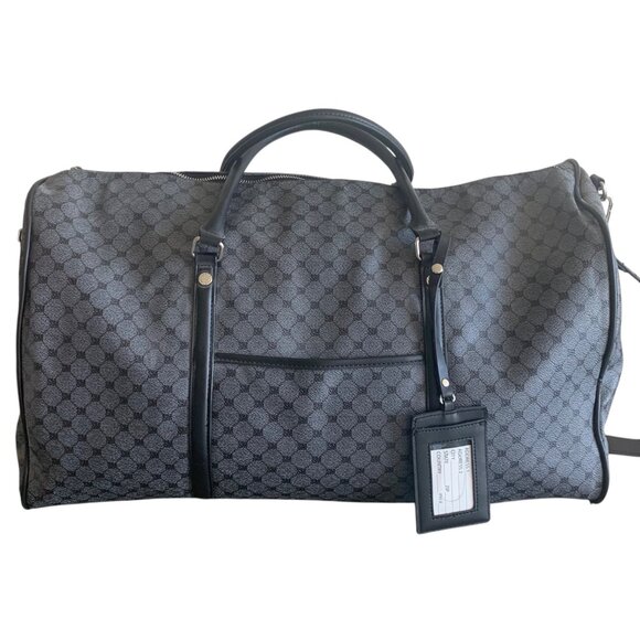 STEVE MADDEN Gray Black Monogram Leather Large Weekender Duffle Bag